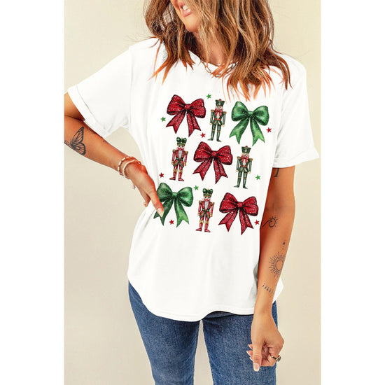 White Bowknot Nutcracker Printed Crewneck Christmas T Shirt - 3XL