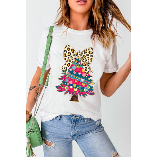White Leopard Bow Decor Christmas Tree Graphic Crew Neck Tee - 2XL