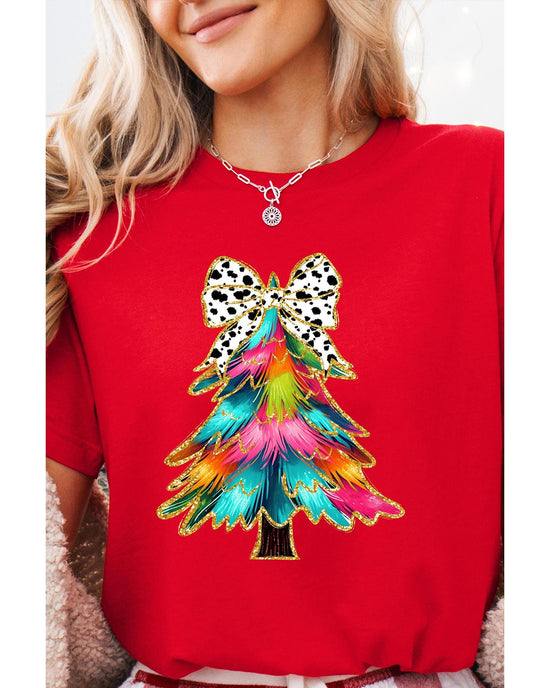 Red Bow Decor Christmas Tree Graphic Holiday T Shirt - S