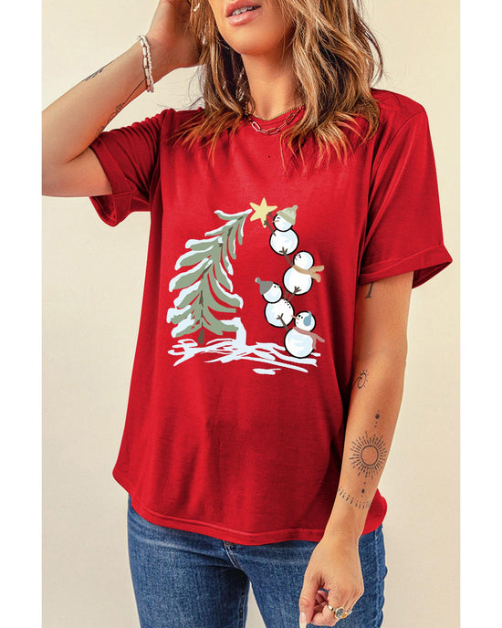 Red Christmas Tree Snowman Printed Crewneck T Shirt - M
