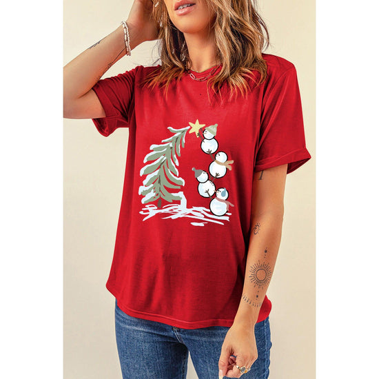 Red Christmas Tree Snowman Printed Crewneck T Shirt - M