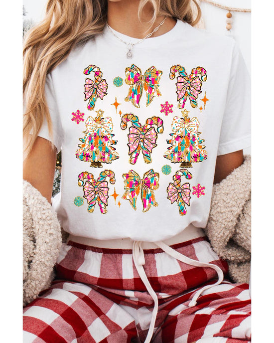 White Christmas Tree Bow Knot Print Round Neck T Shirt - 2XL