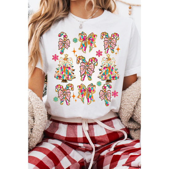 White Christmas Tree Bow Knot Print Round Neck T Shirt - M