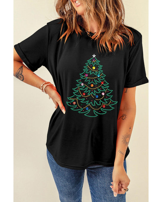 Black Rhinestone Christmas Tree Round Neck Graphic Tee - S