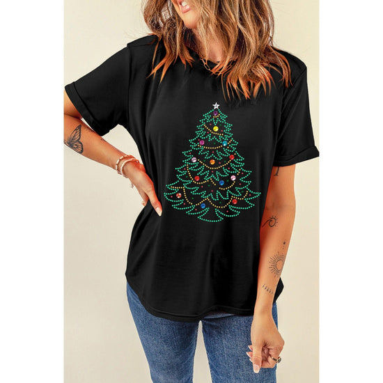 Black Rhinestone Christmas Tree Round Neck Graphic Tee - XL