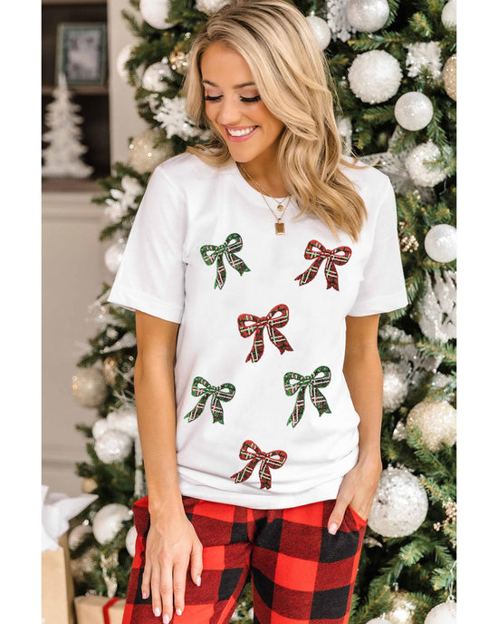 White Christmas Bowknot Graphic Cotton Blend T Shirt - M
