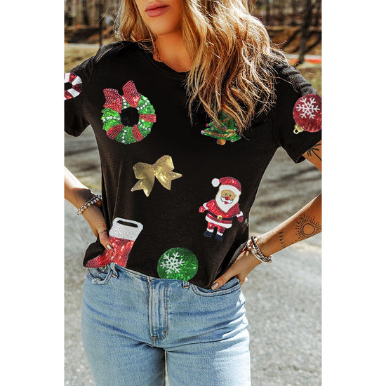 Black Sequin Christmas Essentials Graphic Crewneck T Shirt - S