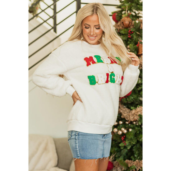 White Christmas MERRY & Bright Chenille Graphic Sherpa Sweatshirt - S
