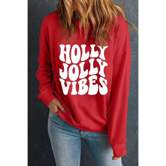 Red HOLLY JOLLY VIBES Graphic Crewneck Christmas Sweatshirt - S