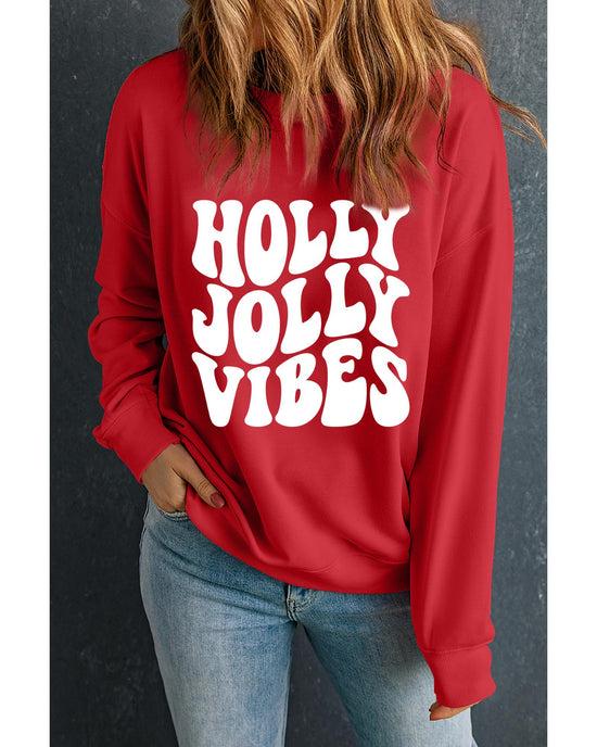 Red HOLLY JOLLY VIBES Graphic Crewneck Christmas Sweatshirt - XL