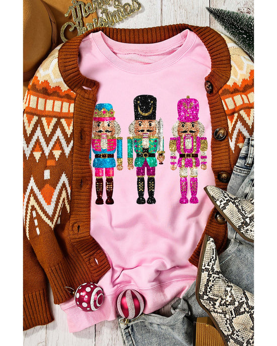 Pink Cute Nutcracker Printed Drop Shoulder Christmas Sweatshirt - M
