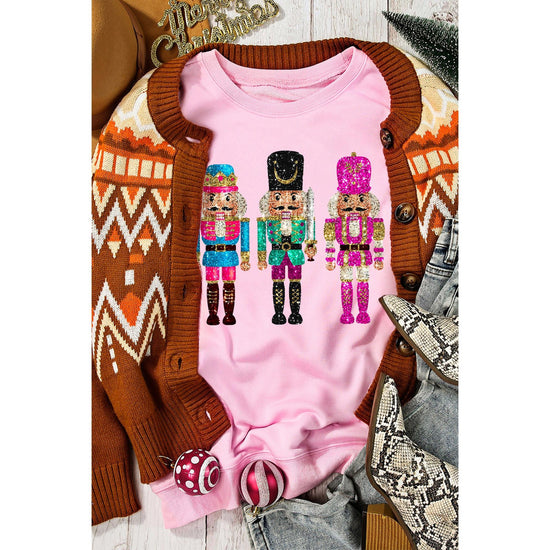 Pink Cute Nutcracker Printed Drop Shoulder Christmas Sweatshirt - M