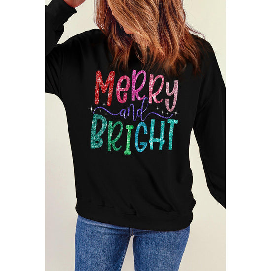 Black Glittering Merry and Bright Graphic Christmas Pullover Sweatshirt - L