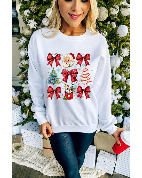 Beige Christmas Tree Bowknot Santa Clause Graphic Holiday Sweatshirt - XL