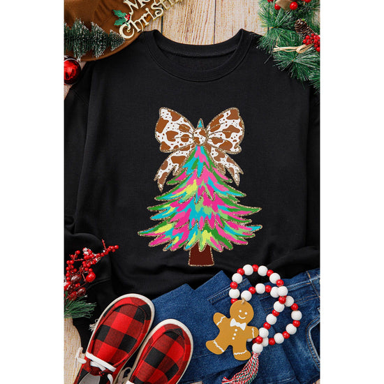 Black Bowknot Christmas Tree Shiny Graphic Sweatshirt - M