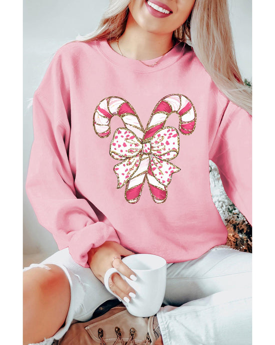 Pink Christmas Bow Candy Cane Graphic Drop Shoulder Crew Neck Sweatshirt - M