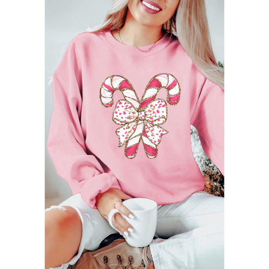 Pink Christmas Bow Candy Cane Graphic Drop Shoulder Crew Neck Sweatshirt - M