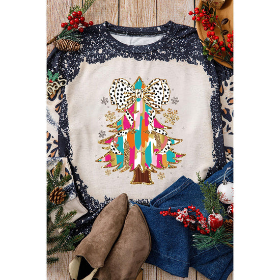 Black Christmas Tree Graphic Bleached Leopard Tie Dye Sweatshirt - M