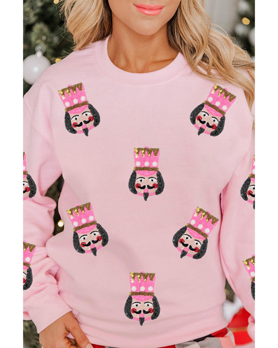 Pink Sequin Nutcracker Graphic Drop Shoulder Christmas Sweatshirt - M