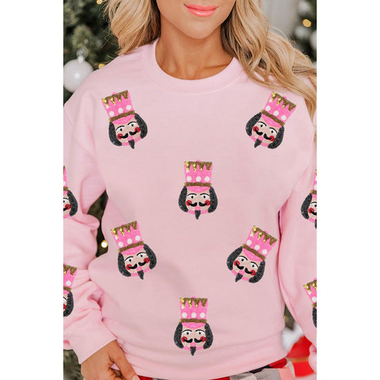 Pink Sequin Nutcracker Graphic Drop Shoulder Christmas Sweatshirt - M