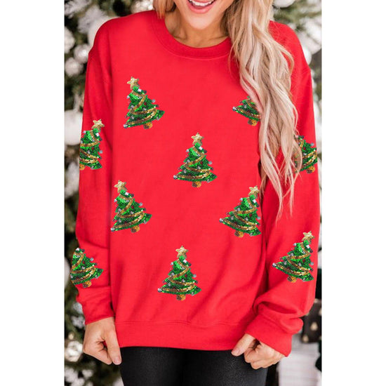 Red Sequin Christmas Tree Graphic Drop Shoulder Sweatshirt - XL