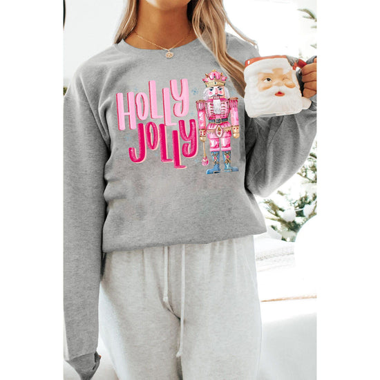 Gray HOLLY JOLLY Nutcracker Print Crew Neck Christmas Sweatshirt - S