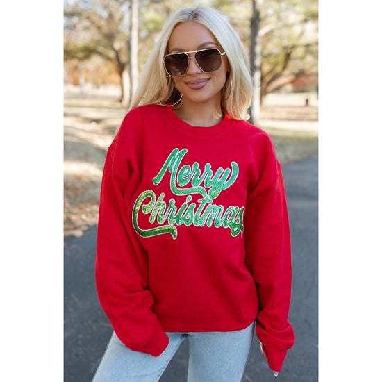 Red Merry Christmas Crewneck Drop Shoulder Loose Sweatshirt - XL