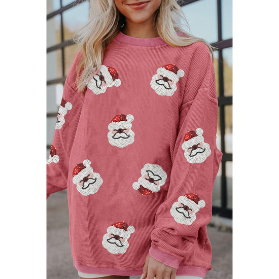 Strawberry Pink Sequin Santa Clause Christmas Corded Sweatshirt - XL