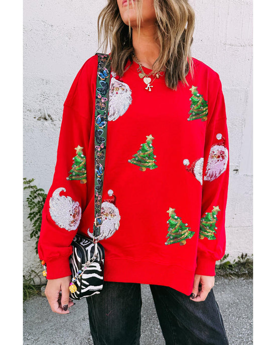 Red Santa Claus Christmas Tree Patched Pattern Drop Shoulder Sweatshirt - 2XL