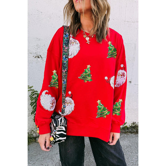 Red Santa Claus Christmas Tree Patched Pattern Drop Shoulder Sweatshirt - L