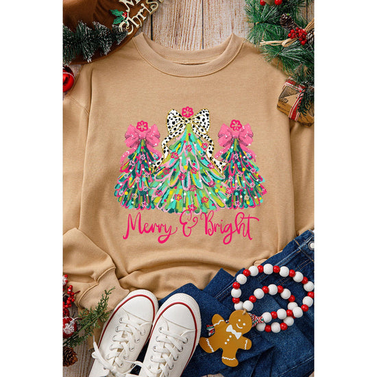 Khaki Merry & Bright Christmas Tree Print Pullover Sweatshirt - S