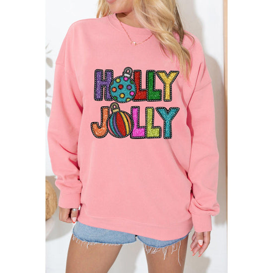 Pink HOLLY JOLLY Christmas Festive Letter Graphic Sweatshirt - L