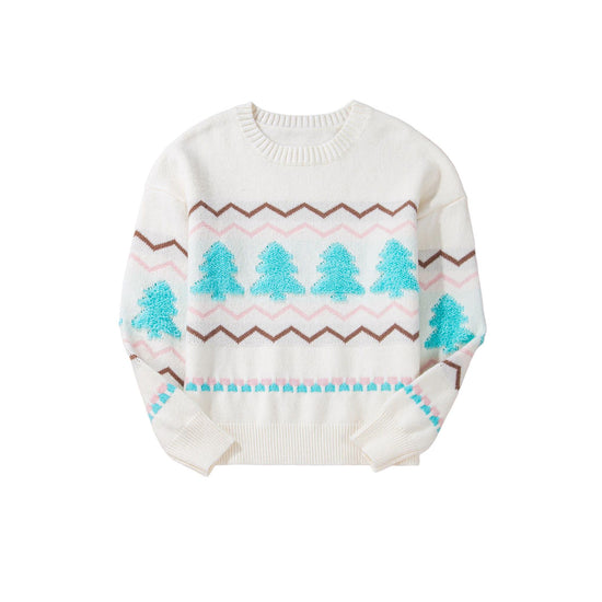 White Striped Christmas Tree Ribbed Trim Drop Shoulder Sweater - S