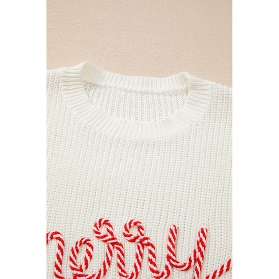 White Striped Merry Bright Letter Christmas Sweater - M