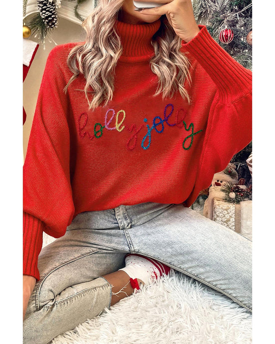 Fiery Red Christmas Holly Jolly Tinsel Graphic High Neck Sweater - M