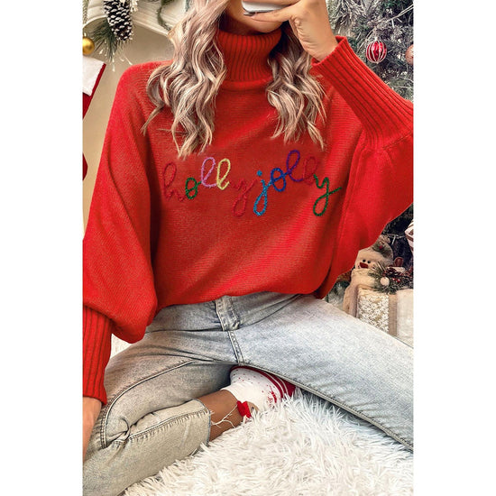 Fiery Red Christmas Holly Jolly Tinsel Graphic High Neck Sweater - XL