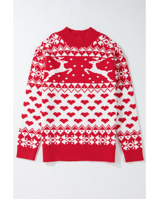 Fiery Red Merry Christmas Reindeer Heart Pattern High Neck Sweater - L