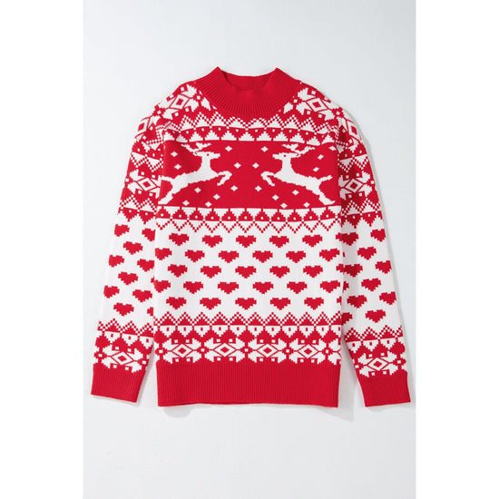 Fiery Red Merry Christmas Reindeer Heart Pattern High Neck Sweater - XL