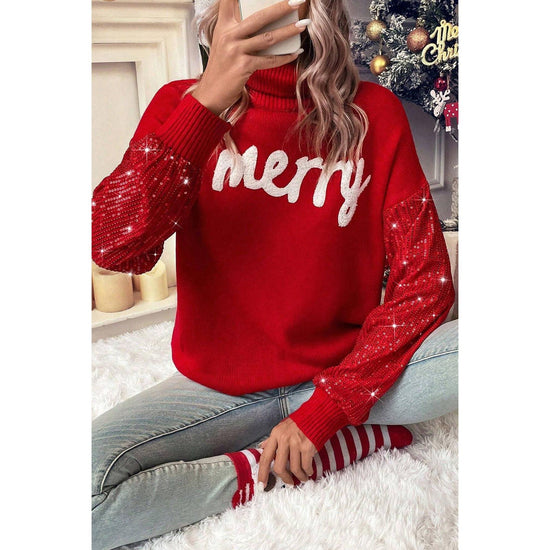 Racing Red Merry Graphic Sequin Sleeves Christmas Turtleneck Sweater - M