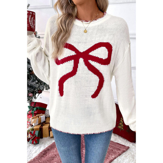 White Bow Pattern Contrast Trim Christmas Loose Graphic Sweater - M