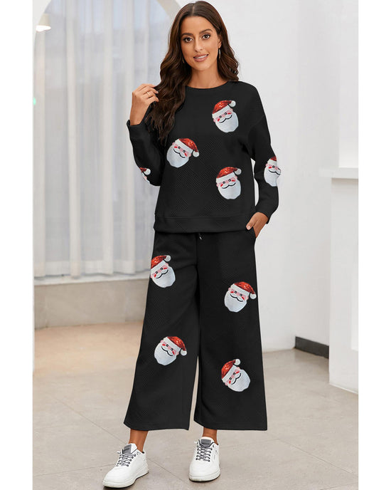 Black Christmas Sequined Santa Clause Print Textured Pants Set - S