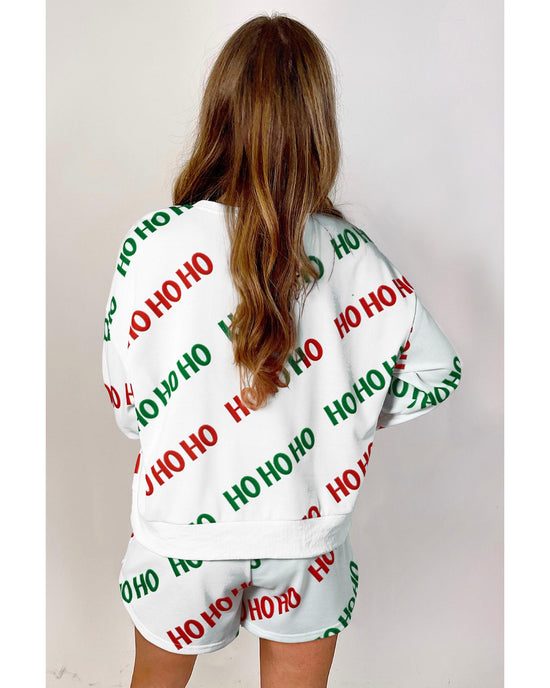 White Christmas HOHOHO Print Drop Shoulder Pullover and Casual Shorts Set - XL