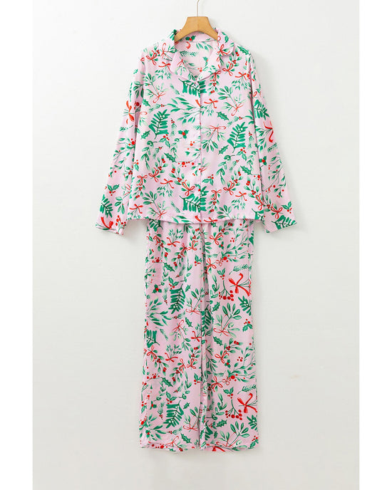 Pink Christmas Berries Plant Print Satin Long Sleeve Pajama Set - L