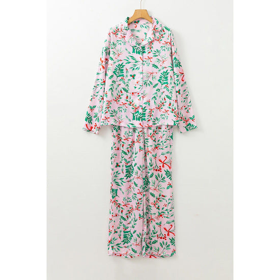 Pink Christmas Berries Plant Print Satin Long Sleeve Pajama Set - S