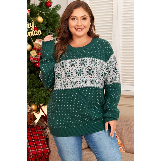 Green Christmas Snowflake Pattern Drop Shoulder Plus Size Sweater - 3X