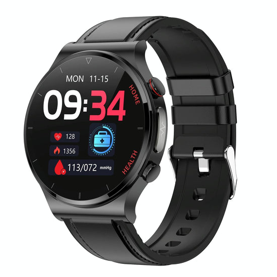 1.32 Inch Screen Leather Watch Strap Smart Health Watch Supports Body Temperature Monitoring Ecg Monitoring Blood Pressure - Black