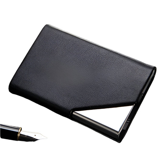 Stainless Steel Business Card Holder Men Leather Clamp - Black
