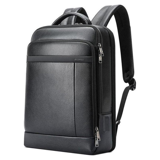 Large-Capacity Business Laptop Backpack With Usb & Type-C Port - Black First-Layer Cowhide