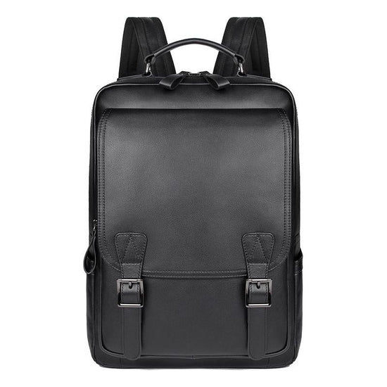 Men Black Cowhide Leather Backpack For Casual Business With Laptop Compartment