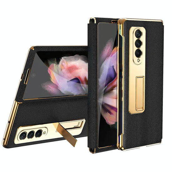 For Samsung Galaxy Z Fold4 5G Flip Case With Tempered Film - Textured Hinge - Black